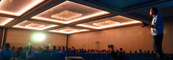 Person hält Vortrag auf einer Bühne vor einem mit Publikum gefüllten Saal.