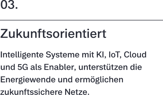 03. Zukunftsorientiert: Intelligente Systeme mit KI, IoT, Cloud und 5G als Enabler, unterstützen die Energiewende und ermöglichen zukunftssichere Netze.